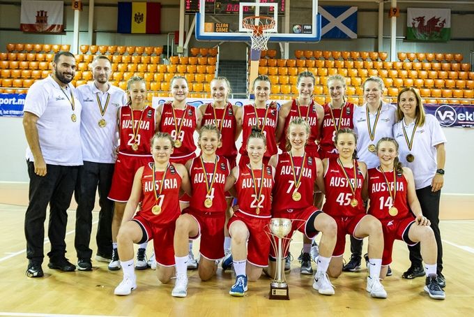 Das stolze Siegerteam der WU16 C-Europameisterschaft 2018 (c) FIBA Basketball