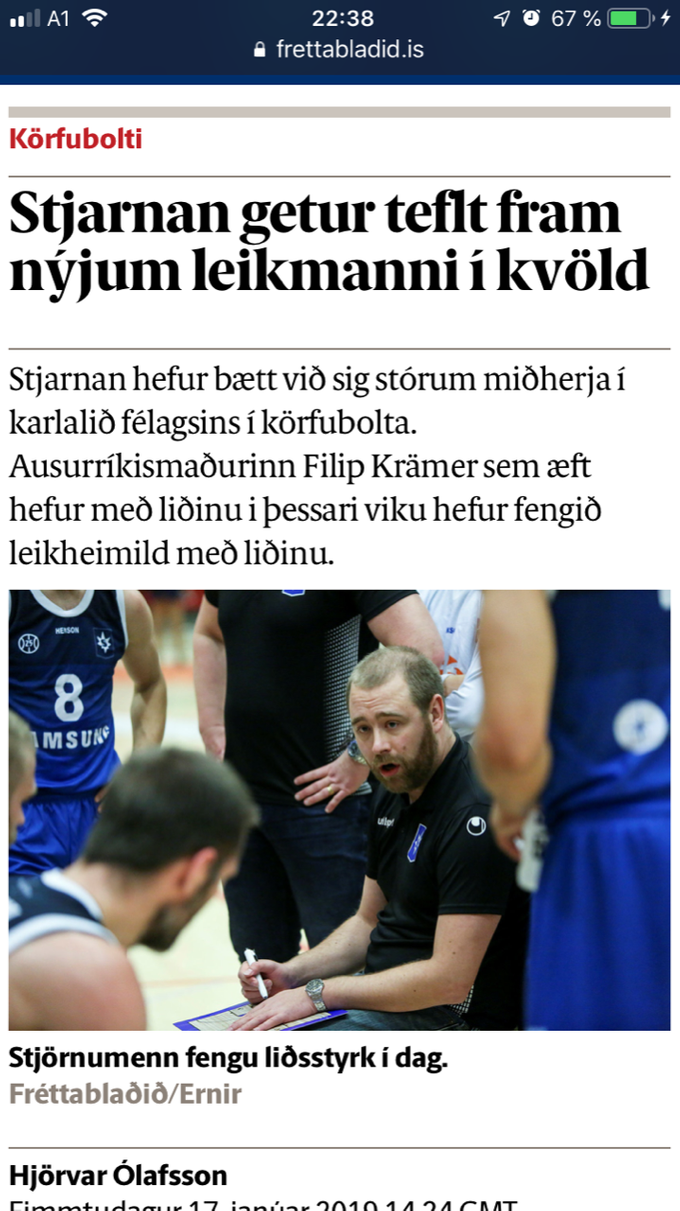 20.01.2019 - Stjarnan in Island ist der neue Verein von Filip Krämer. Frettabladid berichtet #basketballrotweissrot